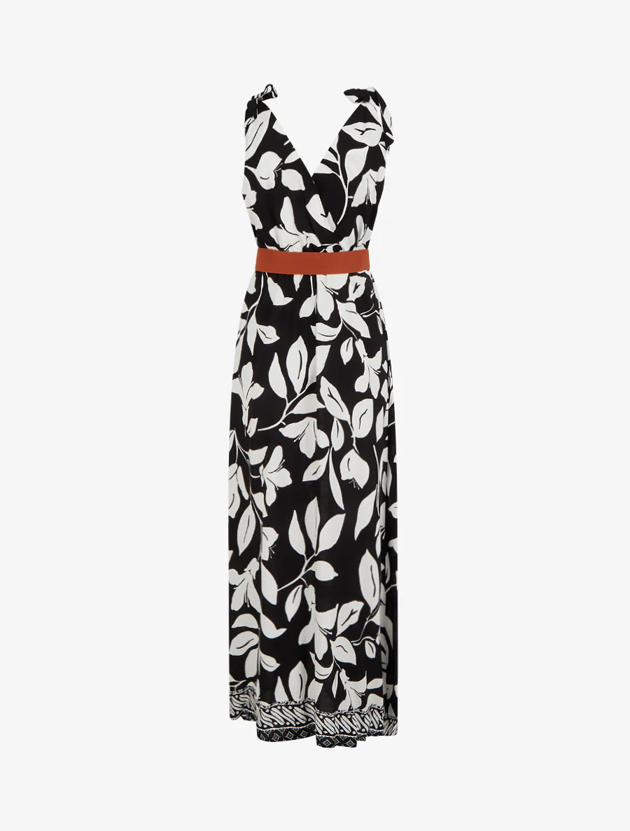 Jurk met tropische bloemenprint en strikbandjes - Zwart - Image 2
