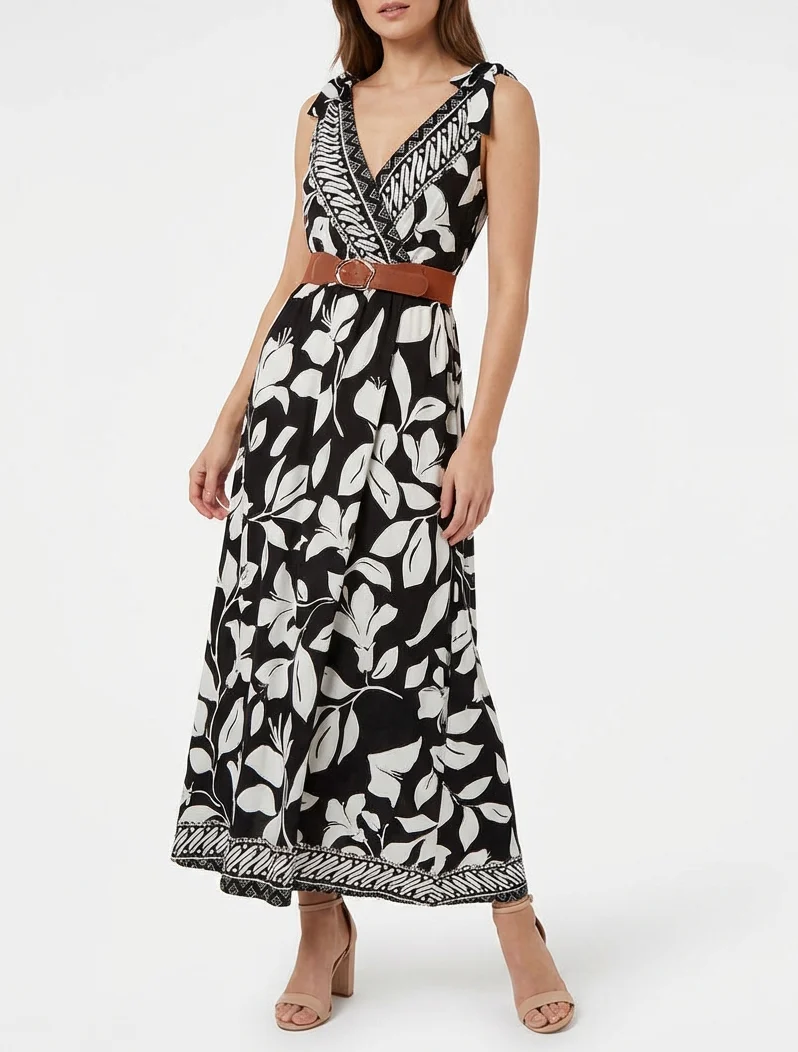 Jurk met tropische bloemenprint en strikbandjes - Zwart - Image 4