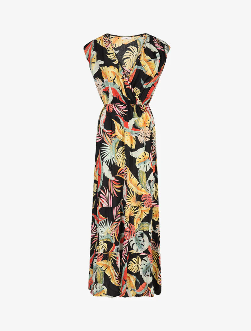 Jurk met ruches mouwen tropische print - zwart