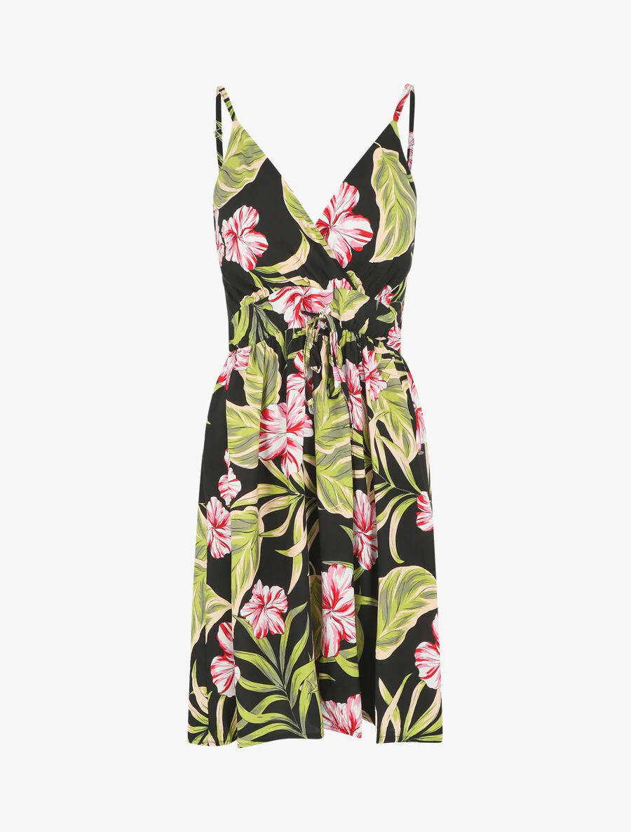 Jurk met tropische print en dunne bandjes - zwart