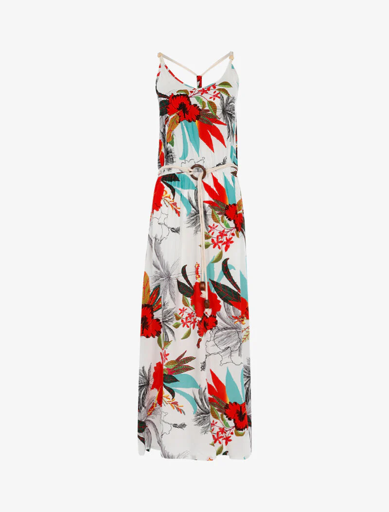 Jurk met tropische print en koordstijl details - wit
