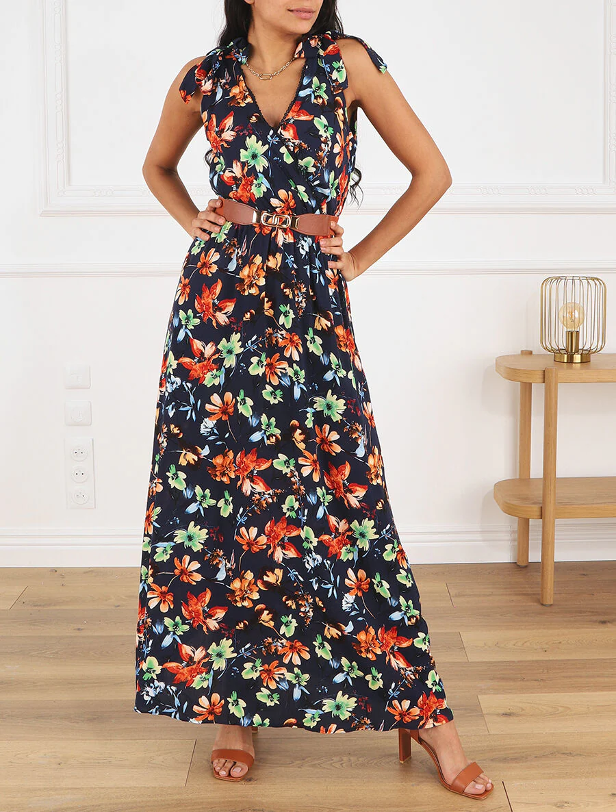 Jurk met V-hals met bloemige print - Marineblauw - Image 4