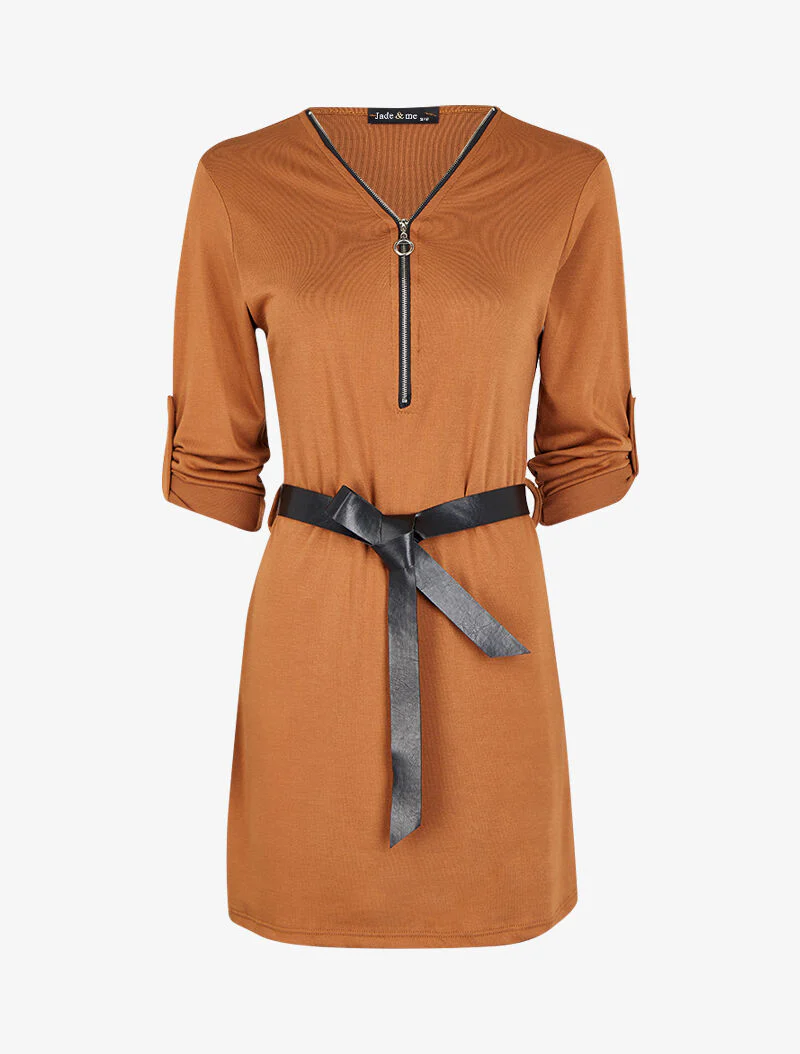 Jurk met V-halsrits en oprolbare lange mouwen - Camel