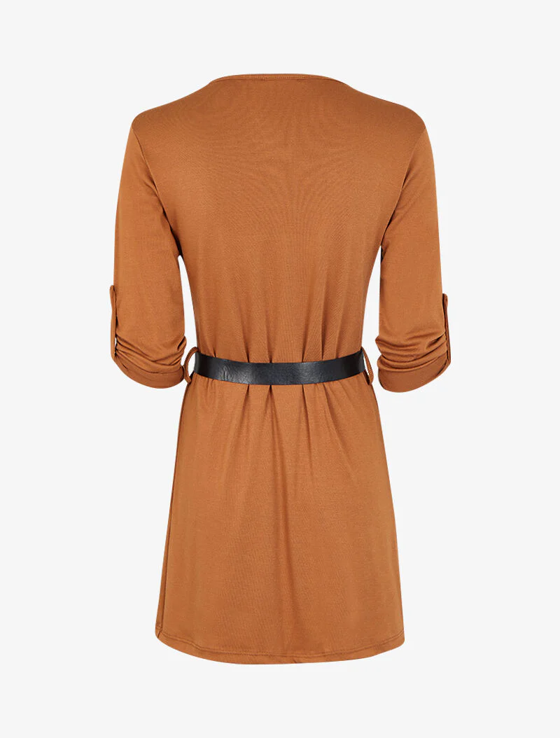 Jurk met V-halsrits en oprolbare lange mouwen - Camel - Image 2