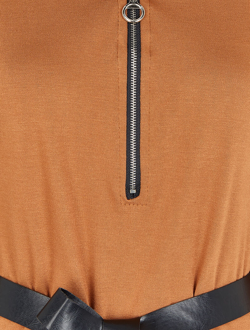 Jurk met V-halsrits en oprolbare lange mouwen - Camel - Image 3
