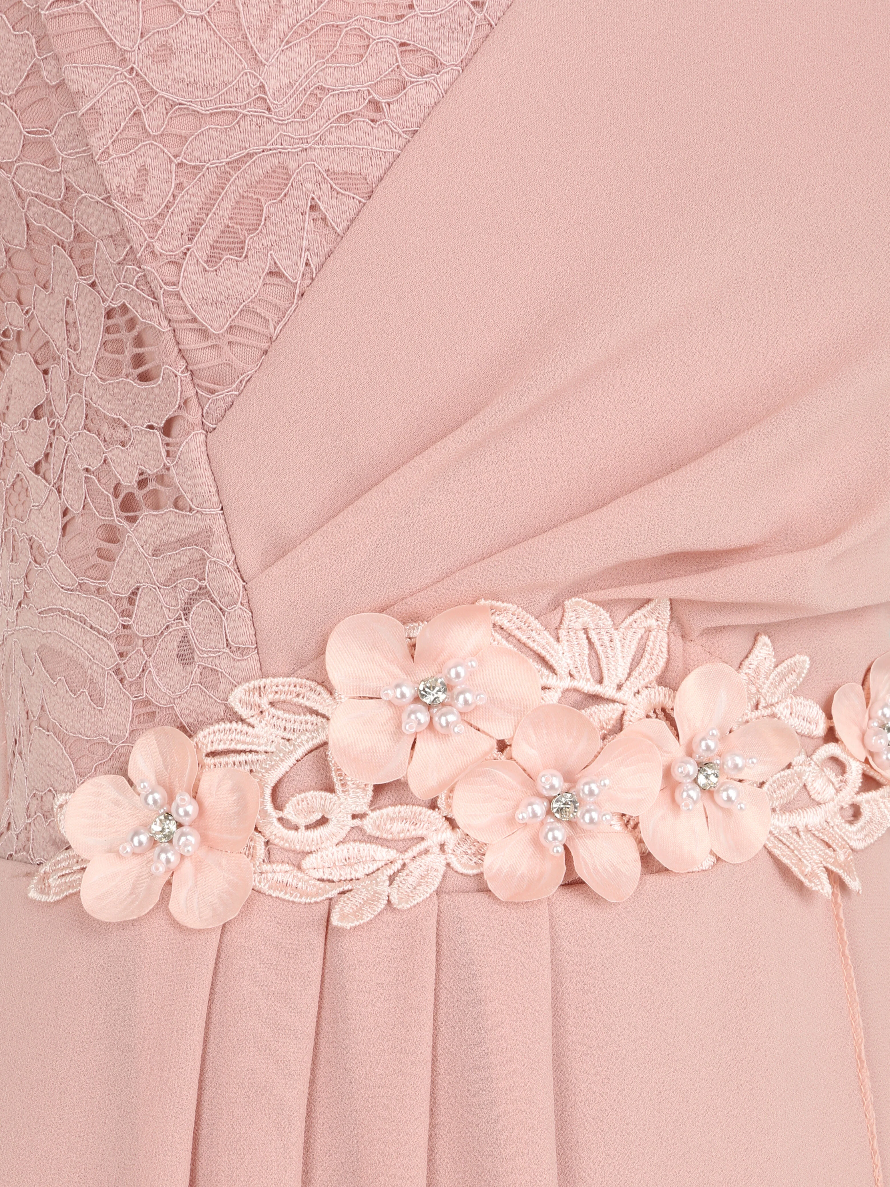 Jurk met ruches mouwen en bloemen en strass details - Poederroze - Image 3
