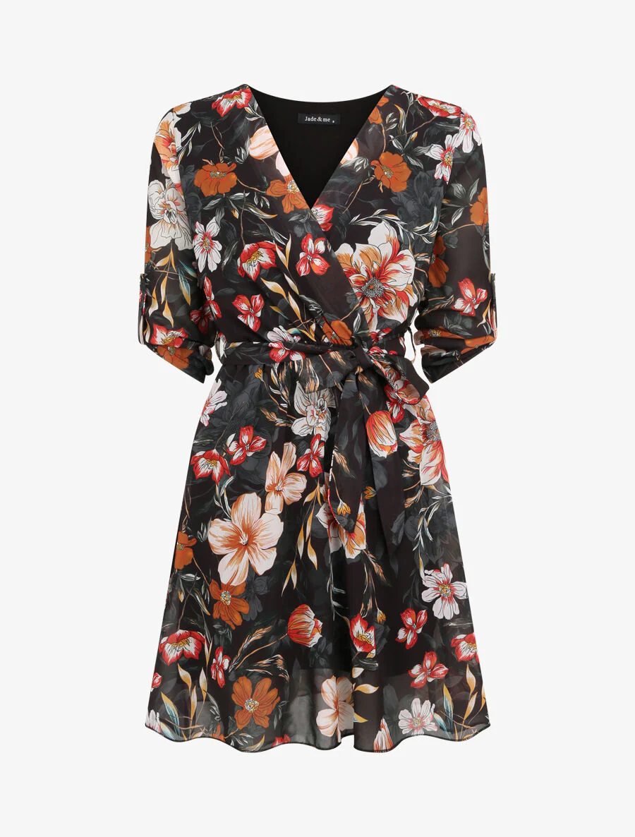 Zomerjurk met bloemenprint en overslagkraag - Zwart