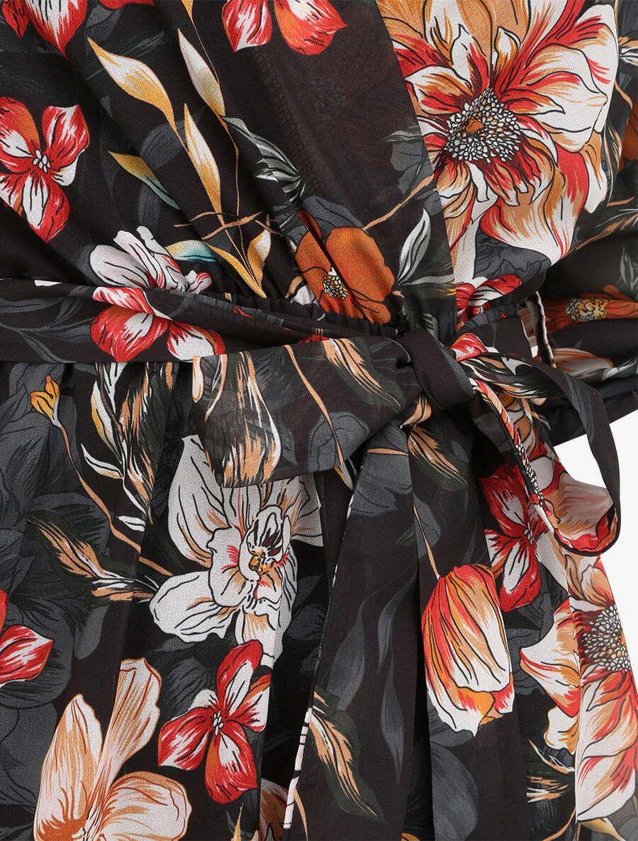 Zomerjurk met bloemenprint en overslagkraag - Zwart - Image 3