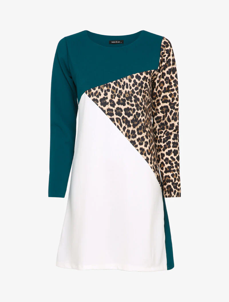 Vloeiende jurk met kleurblokken en luipaardprint - Blauwgroen