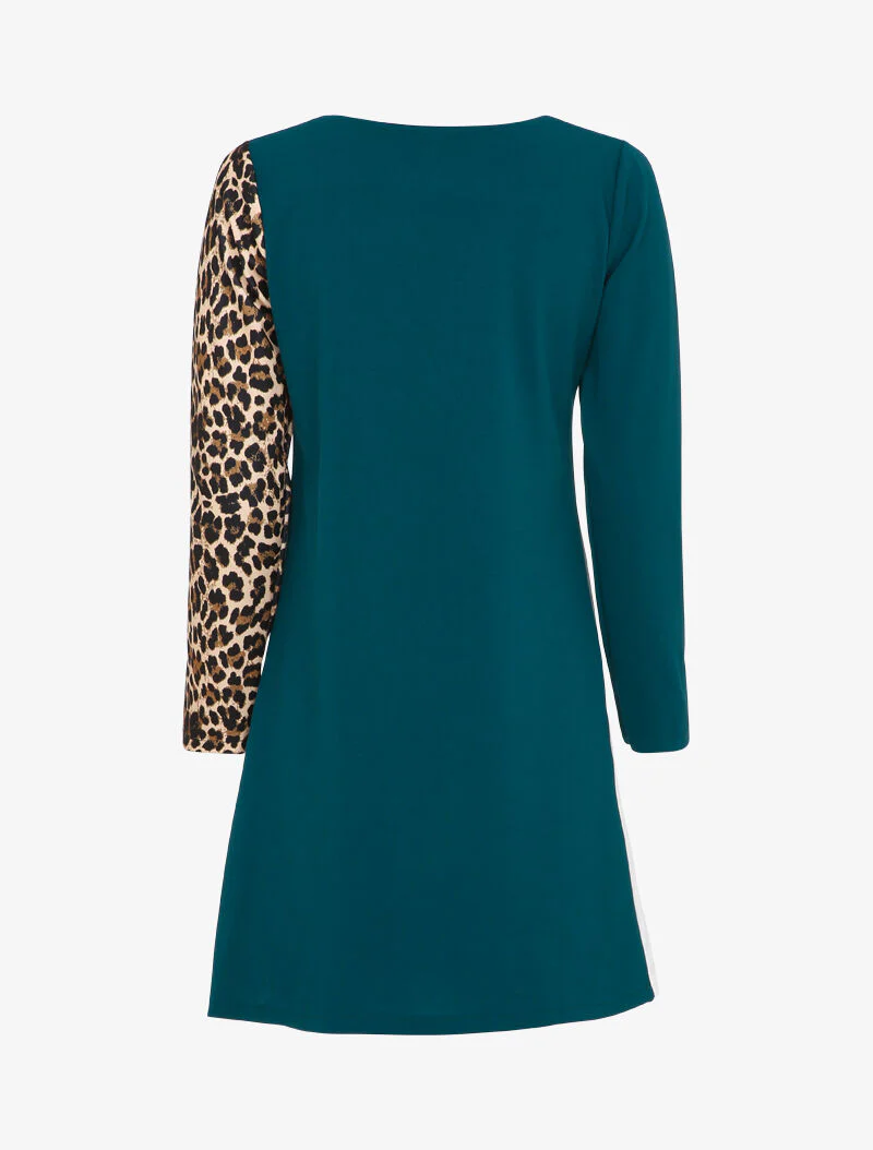 Vloeiende jurk met kleurblokken en luipaardprint - Blauwgroen - Image 2