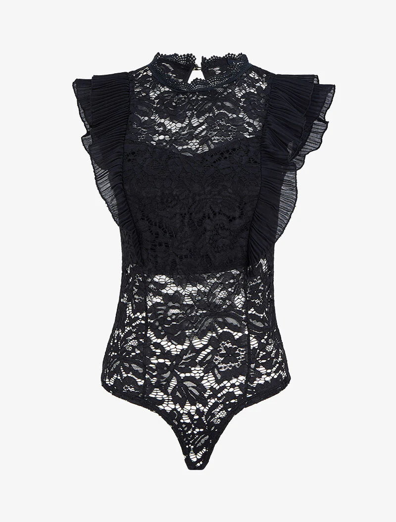 Body met kanten volant - Zwart