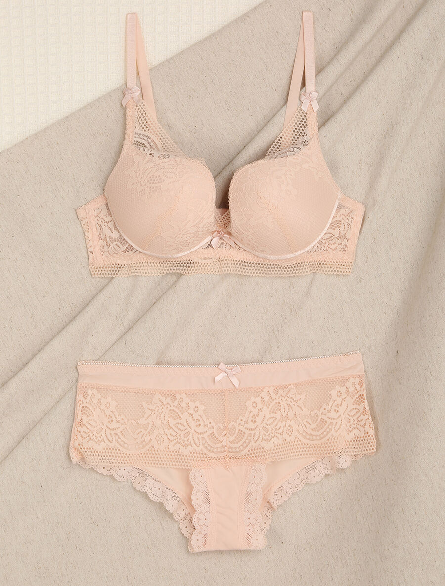 Kanten set met bloemen - Nude