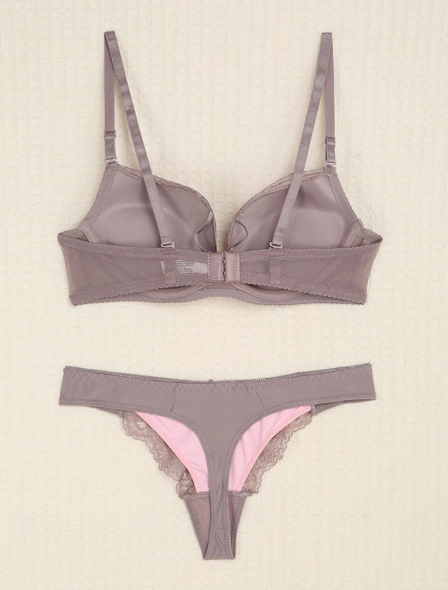 Kant- en tule set met strikjes - Grijs/roze - Image 2