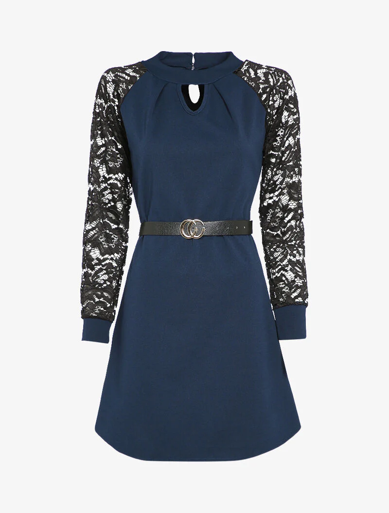 Jurk met raglanmouwen in kant - Marineblauw - Image 2