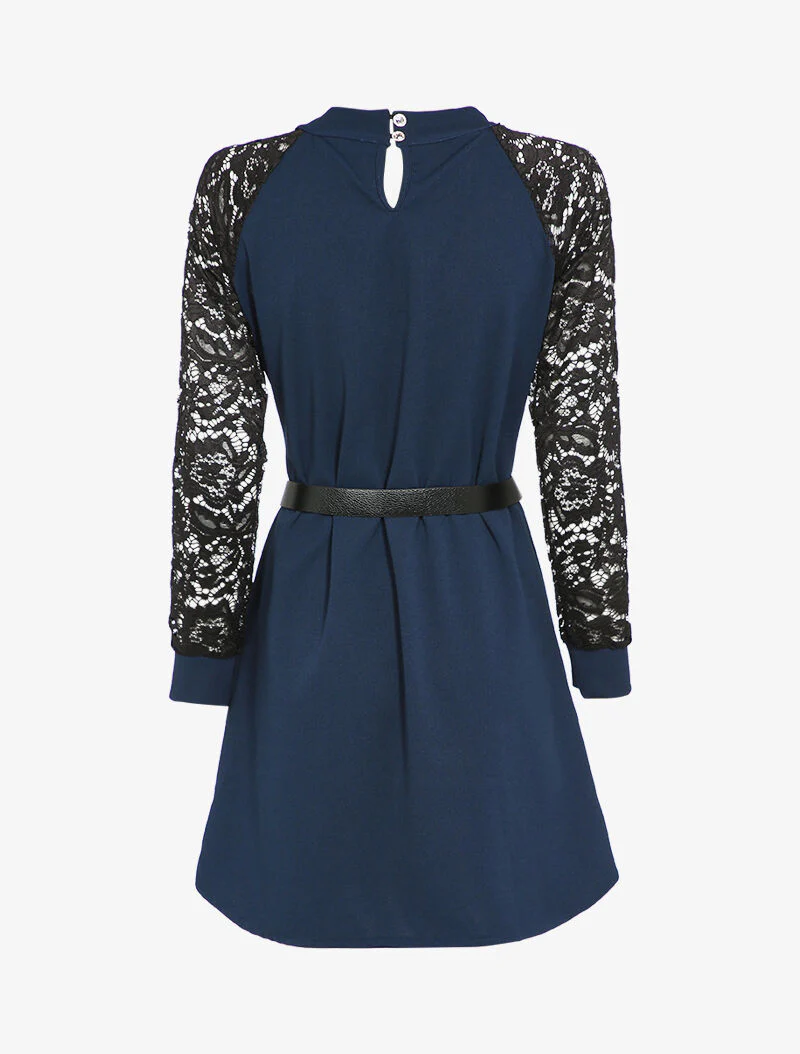 Jurk met raglanmouwen in kant - Marineblauw - Image 3