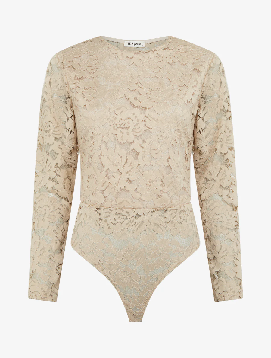 Kanten body met lange mouwen - Beige