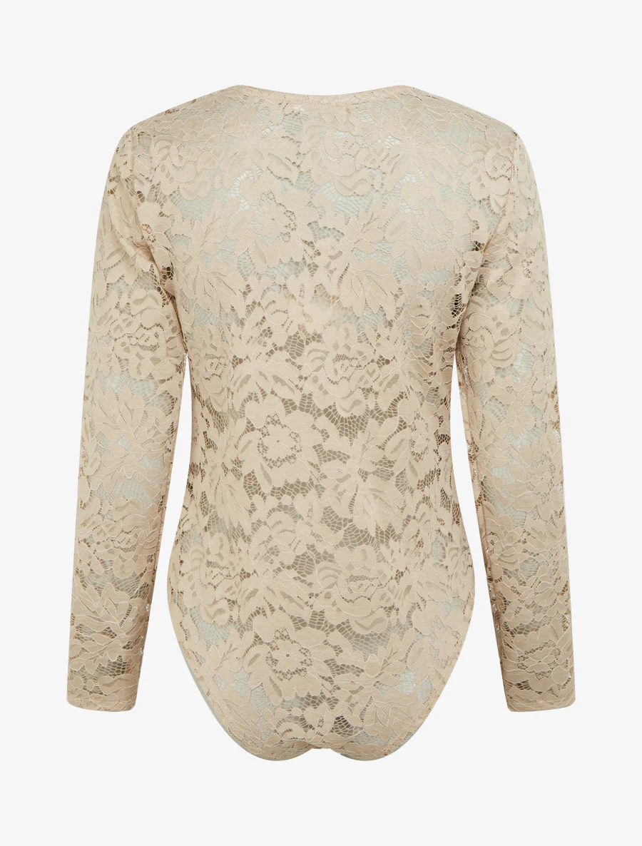 Kanten body met lange mouwen - Beige - Image 2