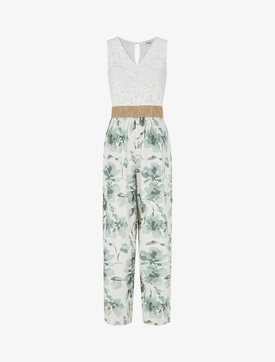 Kanten combinatie en bloemenprint - Kaki