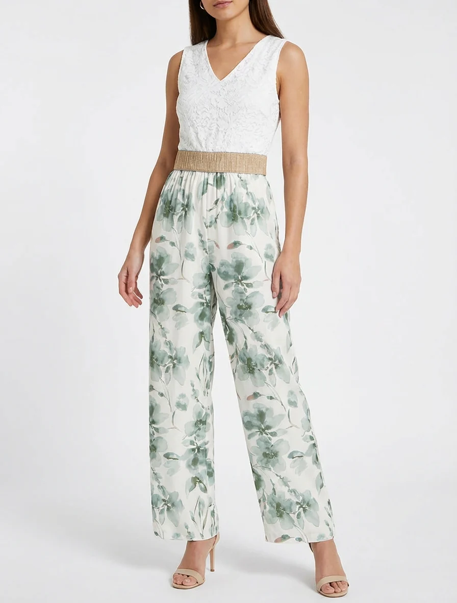 Kanten combinatie en bloemenprint - Kaki - Image 4