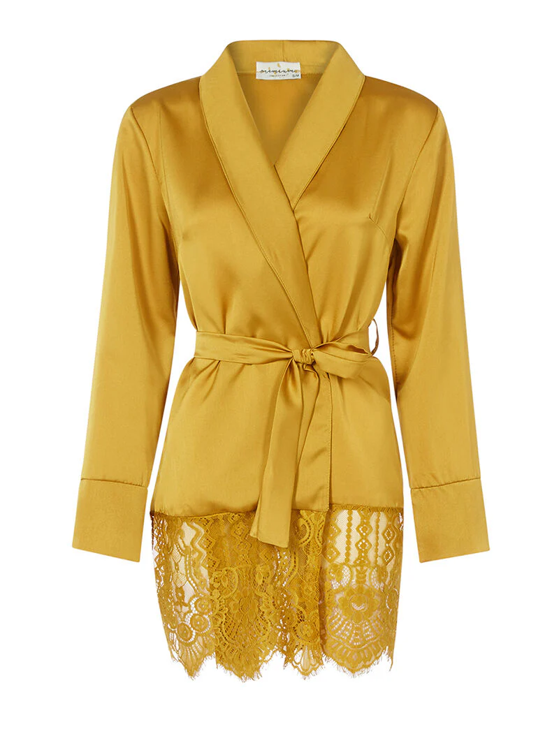 Satijnen kimono in lingeriestijl - mosterdgeel
