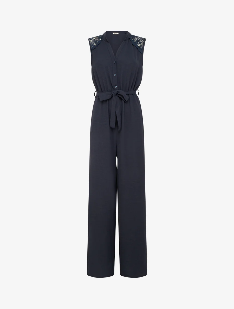 Knoopsluiting jumpsuit met kanten schouders - Marine