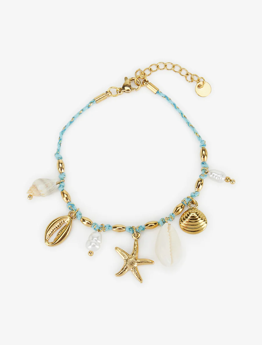Koordarmband met schelpenbedeltjes en parels - Goud/blauw - Image 2