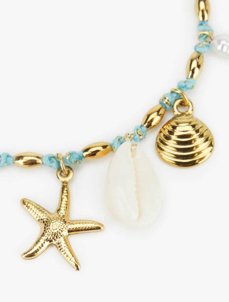Koordarmband met schelpenbedeltjes en parels - Goud/blauw - Image 3