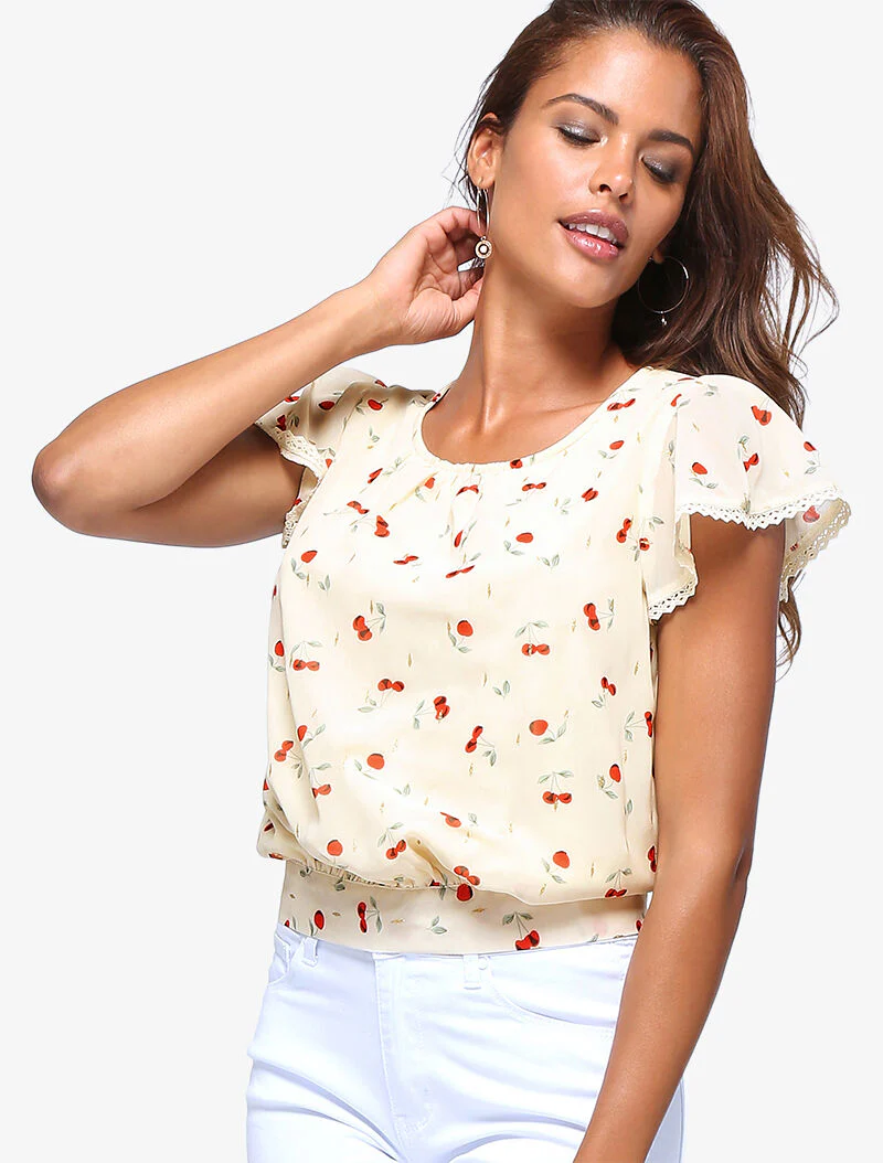 Korte top met kersenprint - beige - Image 3
