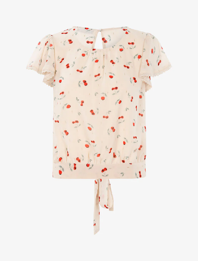 Korte top met kersenprint - beige - Image 4