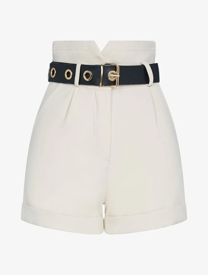 Korte hoge taille rok met riem - beige - Image 2