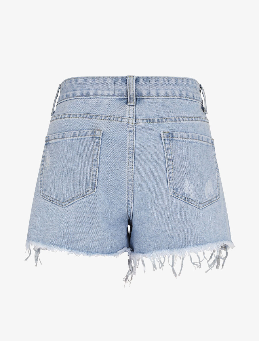 Korte jeans met versleten randen - Lichtblauw - Image 2