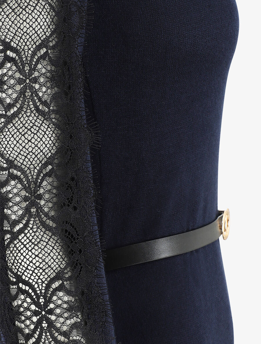 Korte trui jurk met kanten mouwen - Marineblauw - Image 3