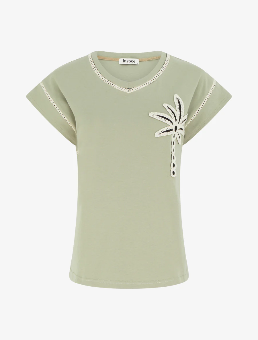 Korte mouwen T-shirt met geborduurde palmboom - Olijfgroen