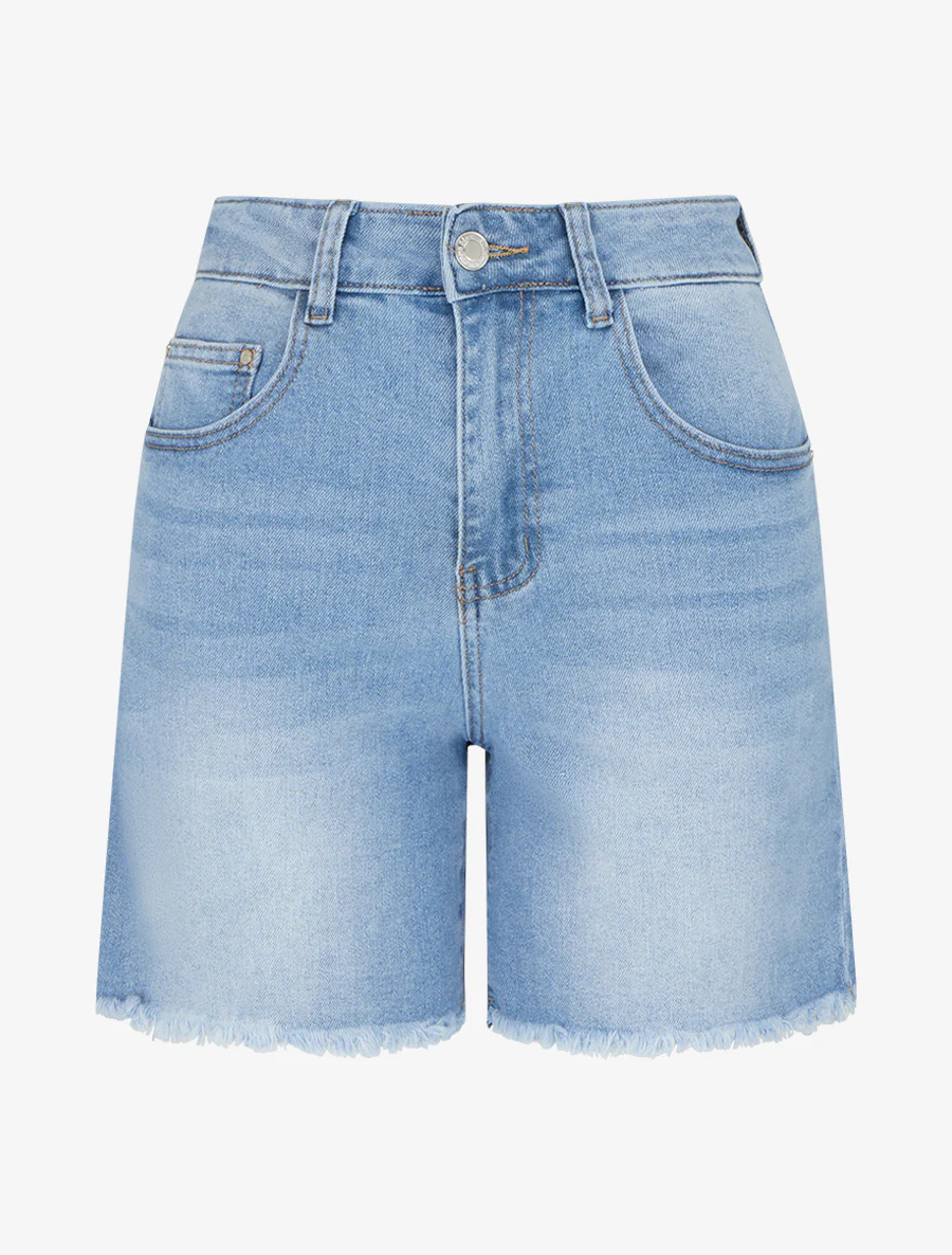 Korte push in jeans met gerafelde zoom - Blauw