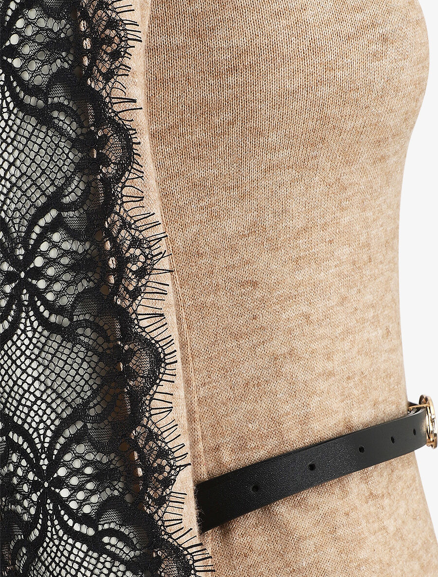 Korte trui jurk met kanten mouwen - Beige - Image 3