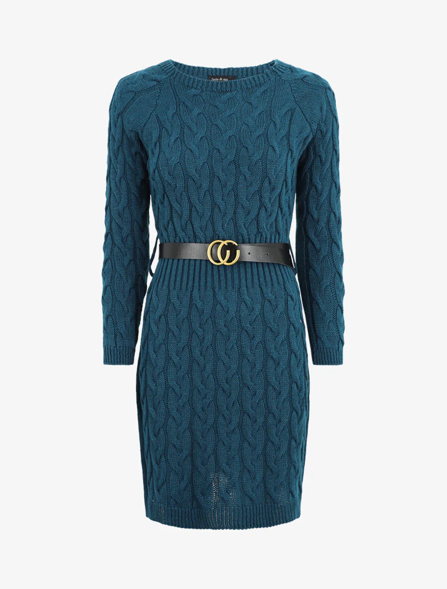 Kort gebreide jurk met vlechteffect - Eendblauw