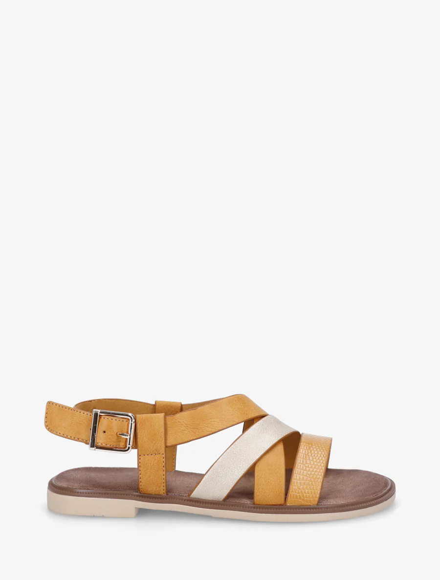 Kruisband sandalen met een iriserend effect in imitatie. - Mosterdgeel