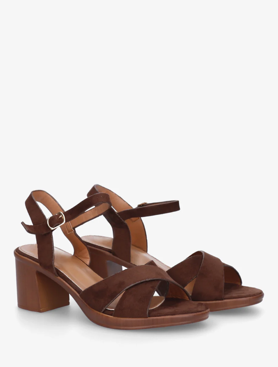 Kruisband suède sandalen met blokhak - Bruin - Image 4
