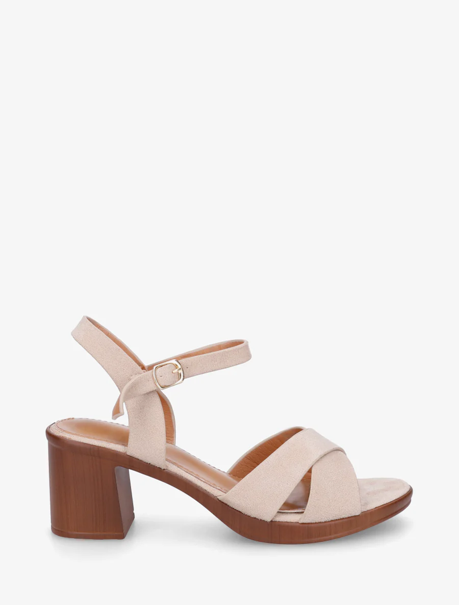 Kruisband suède sandalen met blokhak - Beige