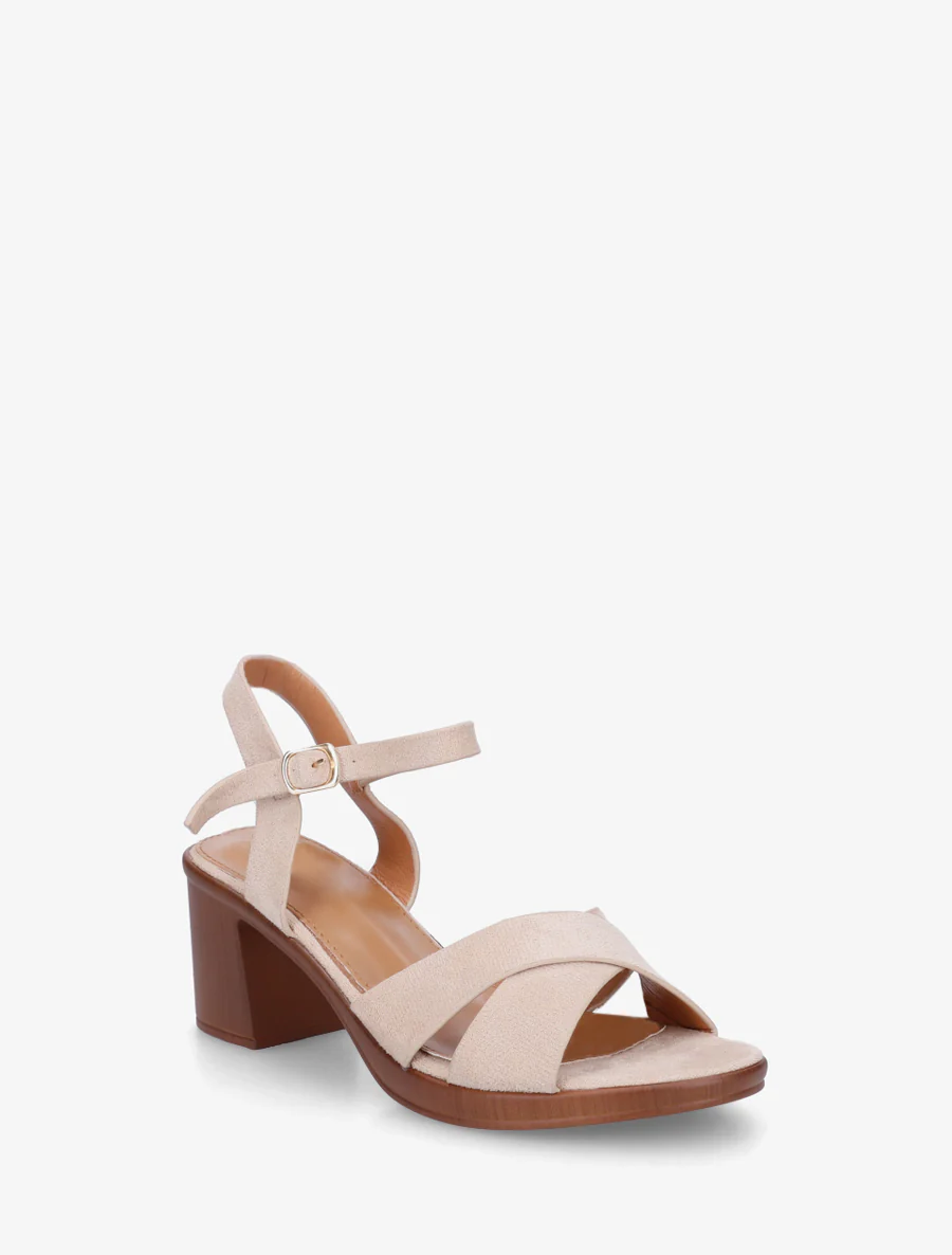 Kruisband suède sandalen met blokhak - Beige - Image 2
