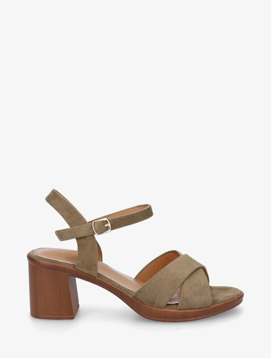 Kruisband suède sandalen met blokhak - Kaki