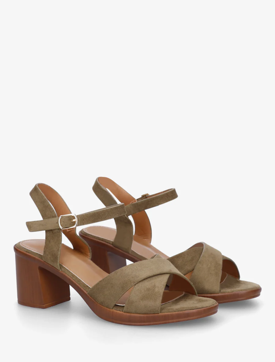 Kruisband suède sandalen met blokhak - Kaki - Image 4