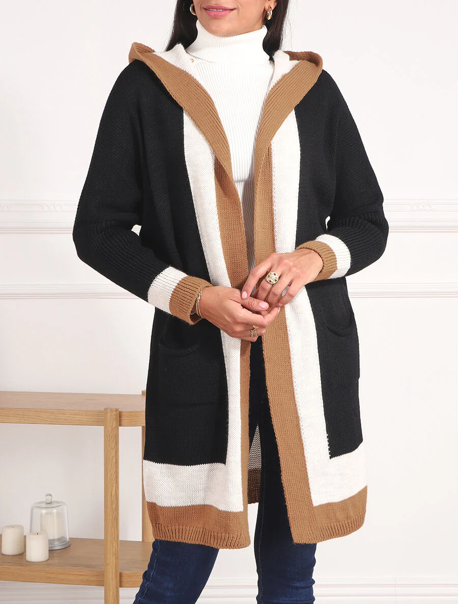 Lang gestreept vest met capuchon - Zwart - Image 4