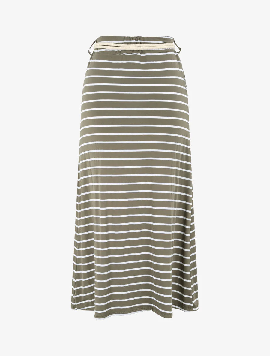 Lange A-lijn gestreepte print rok - Khaki - Image 2