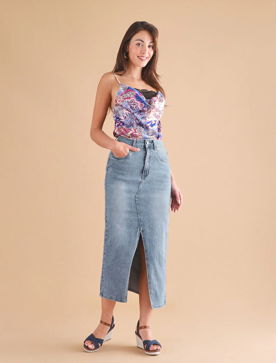 Lange denim rok met split - blauw - Image 4