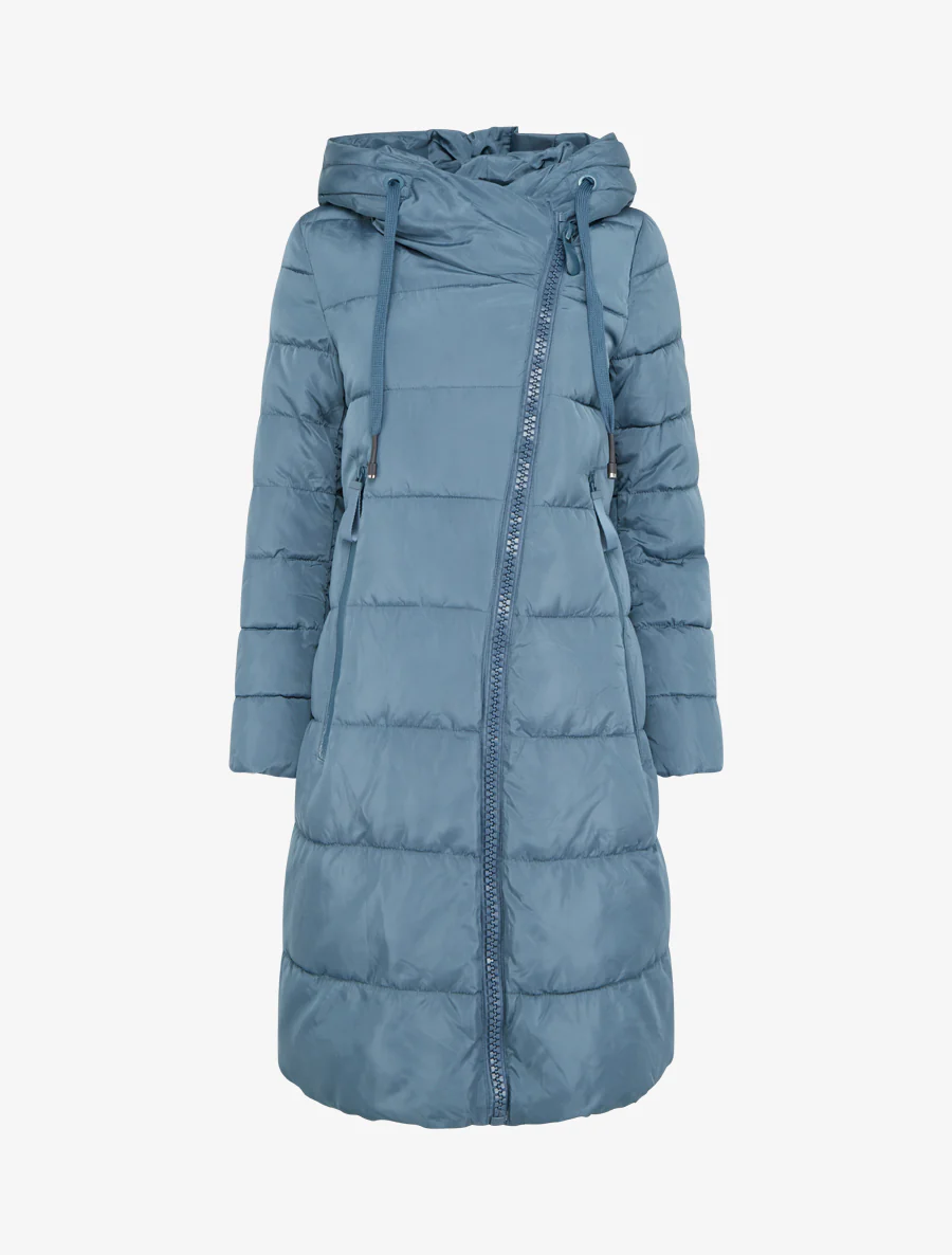 Lange donsjas met capuchon en schuine ritssluiting - Blauw