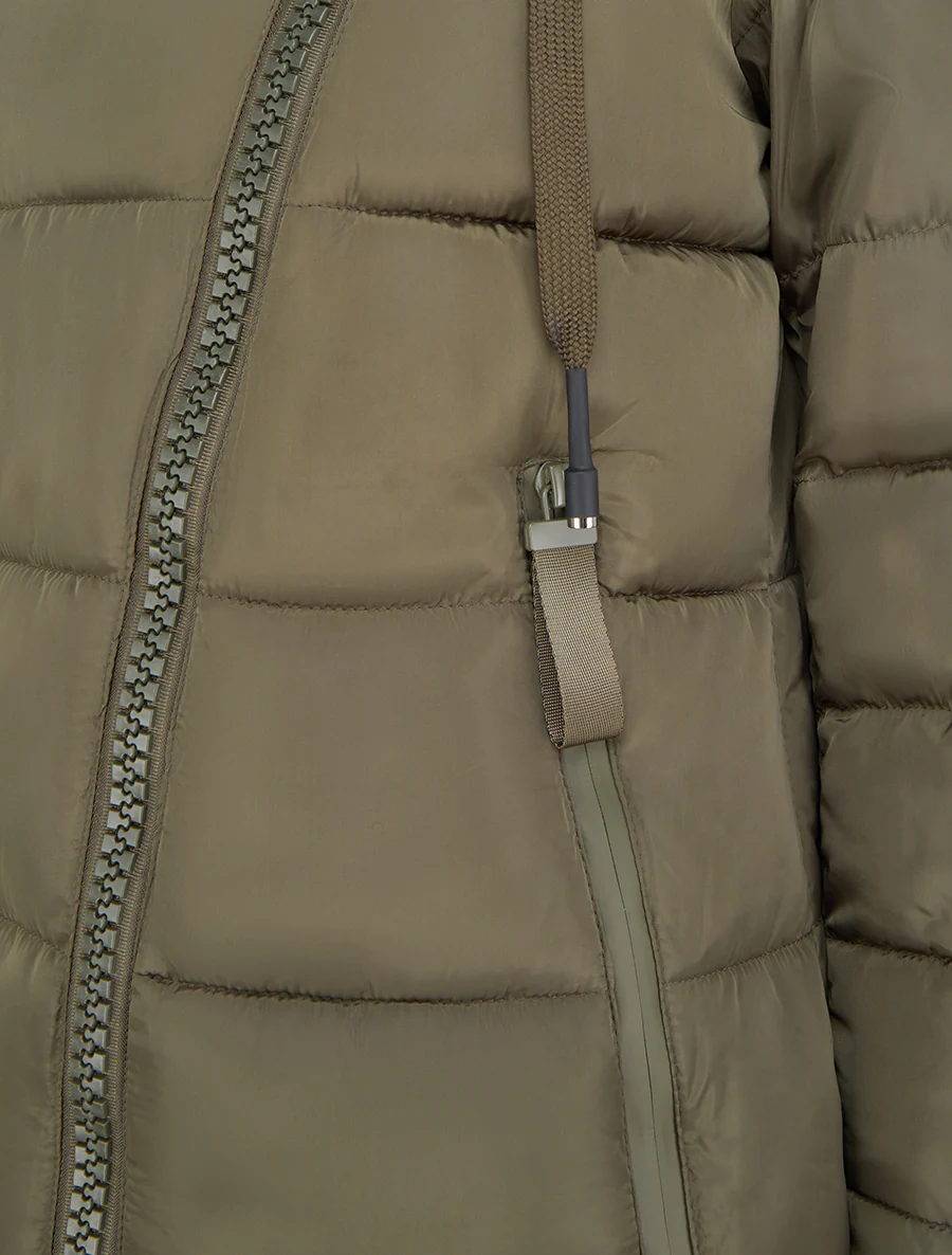 Lange donsjas met capuchon en schuine ritssluiting - Kaki - Image 3