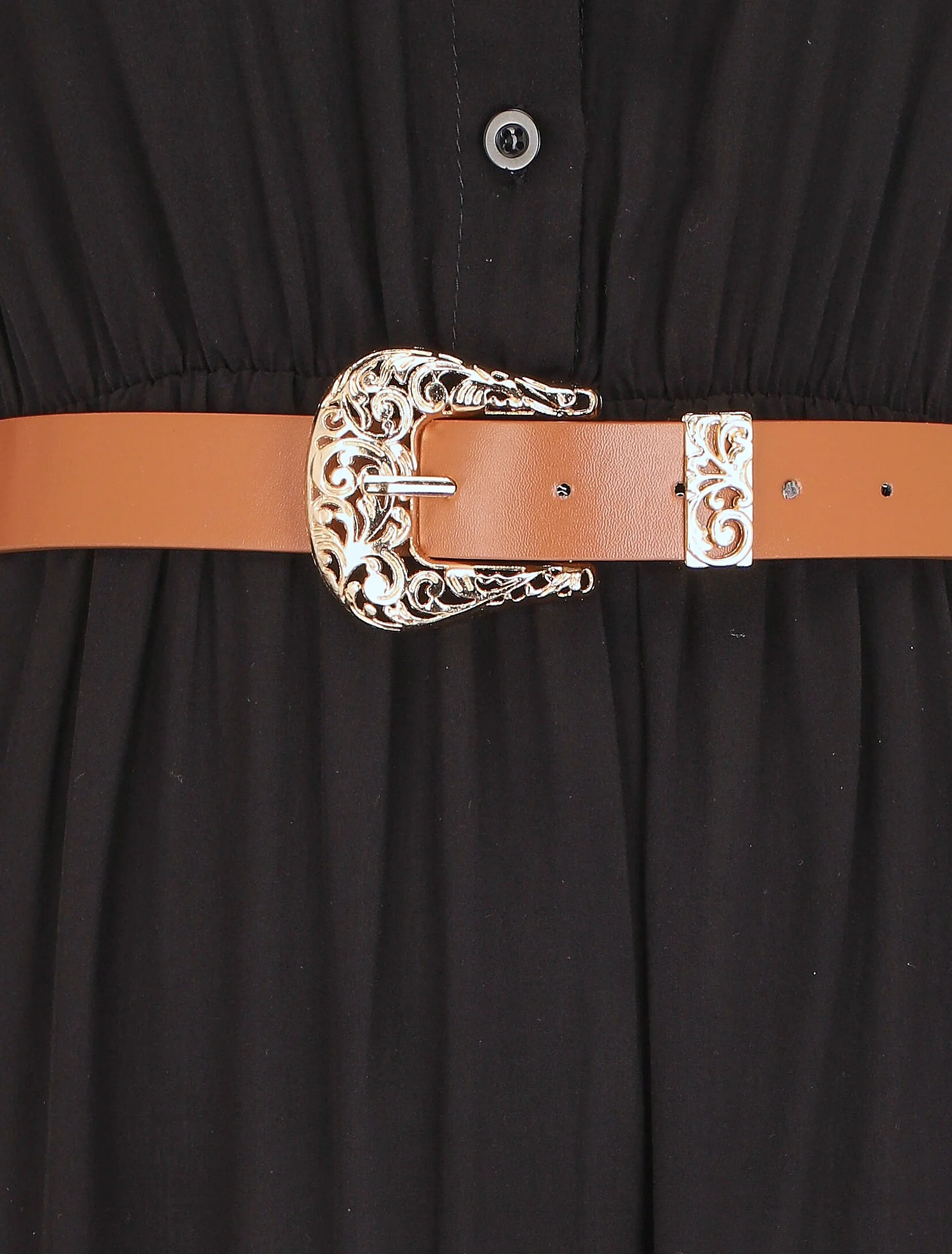 Lange effen jurk met elastische taille - zwart - Image 3