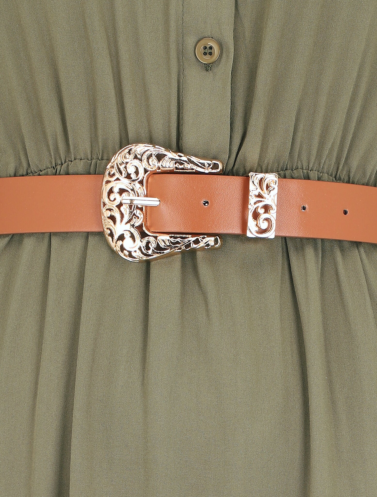 Lange effen jurk met elastische taille - Khaki - Image 3
