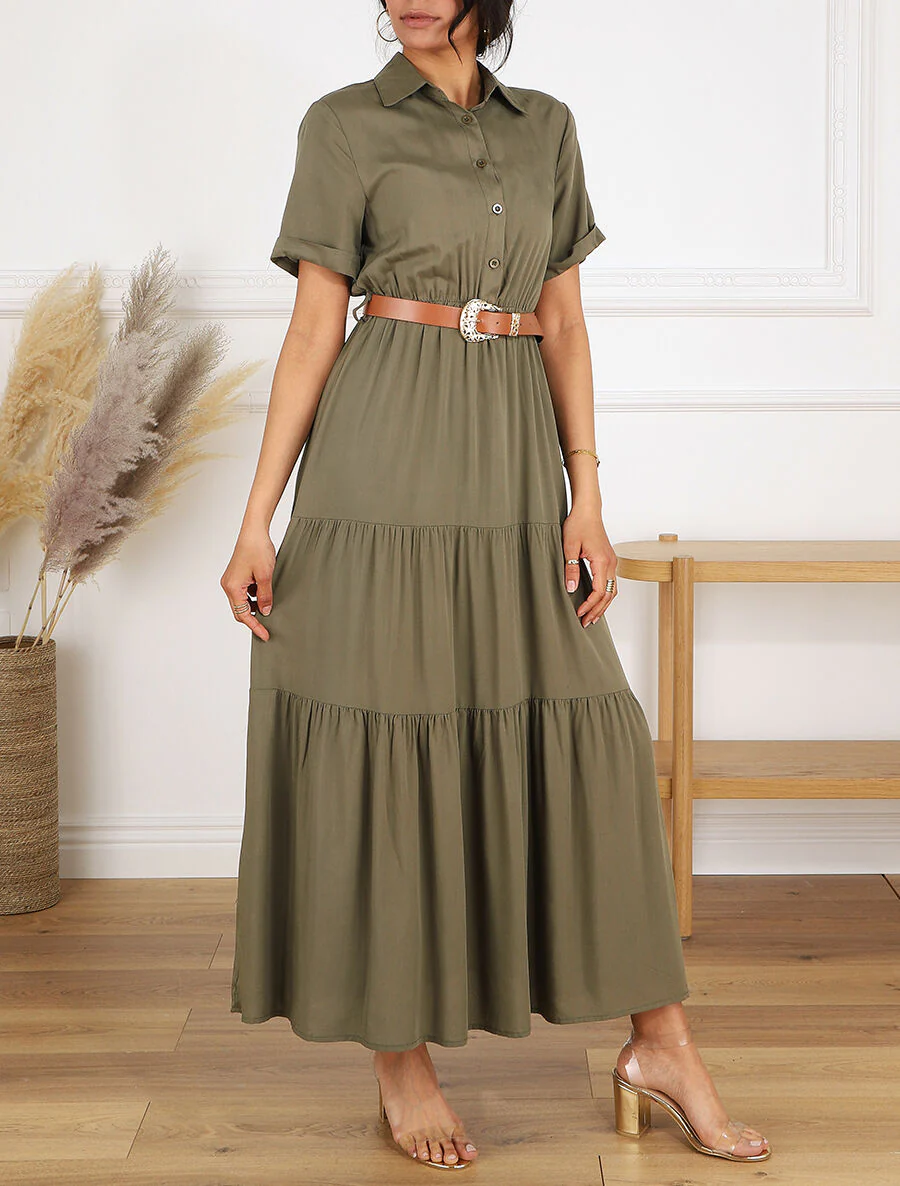 Lange effen jurk met elastische taille - Khaki - Image 4
